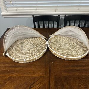 Set Of 2 Rattan & Bamboo Sea Grass Outdoor Tray Food Mesh Cover 16” Round Picnic